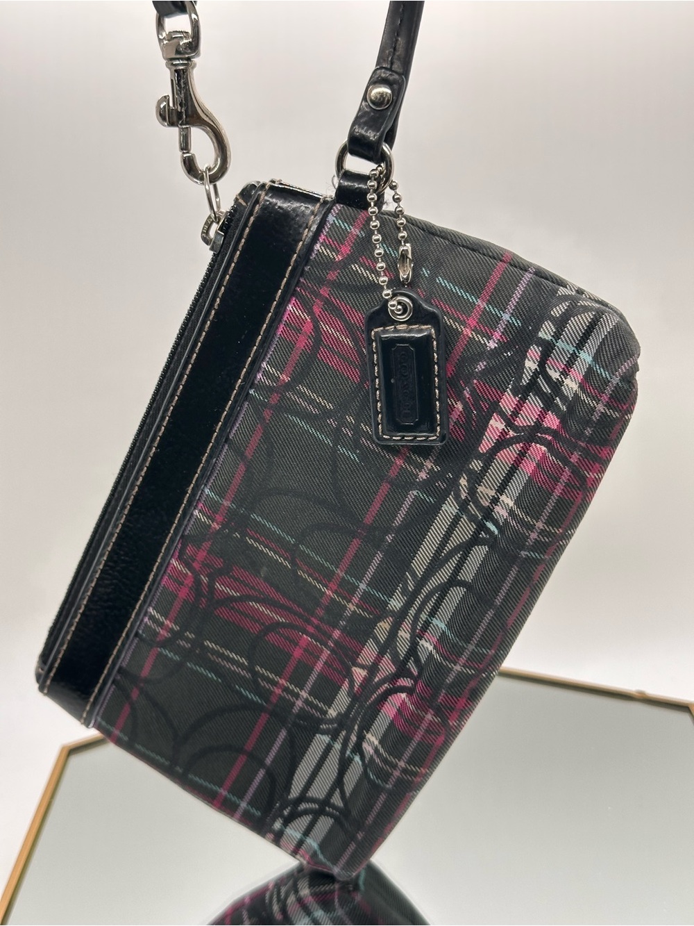 Coach Black Plaid Wristlet with Pink Accent - Picture 2 of 5